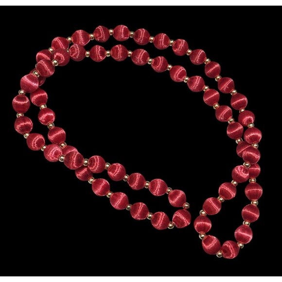 Vintage Red Silk Beaded Necklace With Gold Tone Accents - Picture 1 of 5